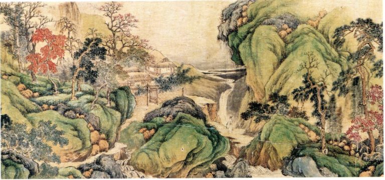 中国画家 風景画 まくり Q-447 中国絵画 施福國（福国）の肉筆水彩風景画「水郷之美」をお譲り